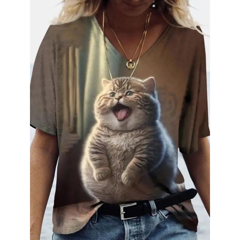 Women's V-neck Short-sleeved T-shirt with Cute Kitten Print