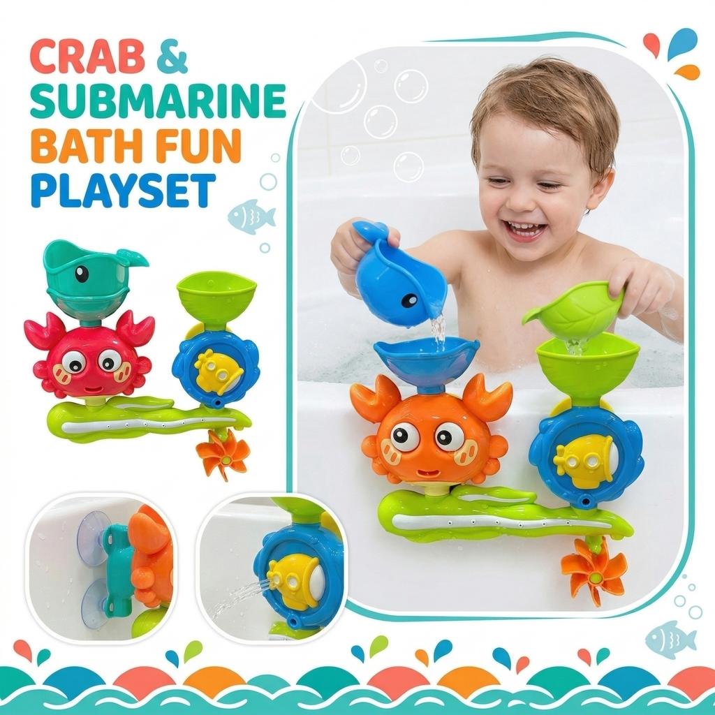Bath Toy Crab Water Wheel Spinner with Whale and Submarine Features Suction Cup Mounted Bath Toy Set for Kids
