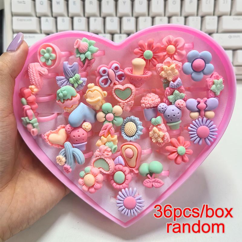 Non-Toxic 36Pcs Kids Cute Princess Rings Resin Cartoon Jewelry Flower Shape Ring Set Creative Accessories Toys For Children Birthday Gifts