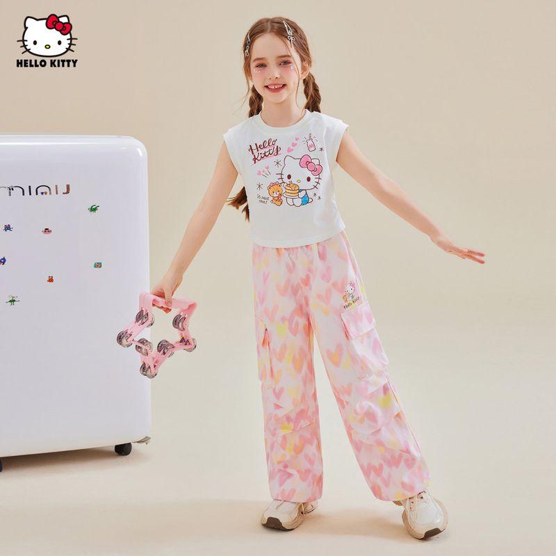 Hellokitty Girls' Summer Suit 2025 New Style Short-Sleeved Wide-Leg Pants Cartoon Two-Piece Set for Older Children