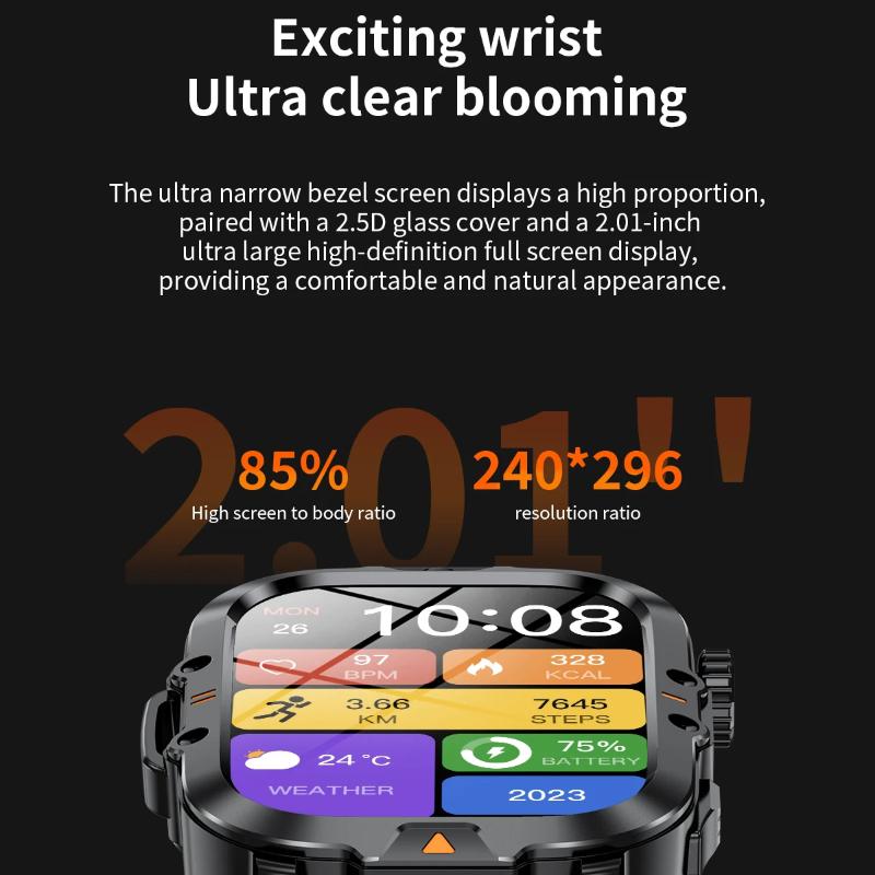 2025 Novo Relógio Inteligente Masculino com Tela HD de 2,01 polegadas com Lanterna Esportes ao Ar Livre Relógio Masculino IP68 à Prova d'Água Monitor de Saúde Chamada Smartwatch