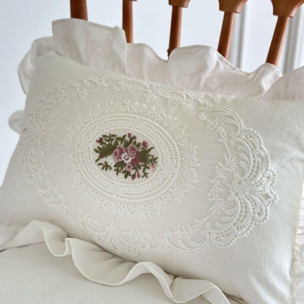 With Lotus Frill White Cotton Pillow Case Washed Material Embroidered Cushion Cover  Pillow