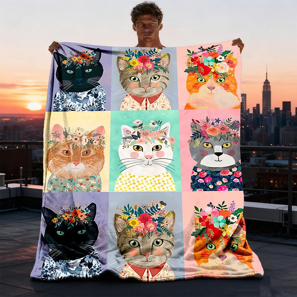 1pc Floral Cat Prints Outdoor Flannel Blanket Soft All Season Polyester Throw , Perfect for Picnics & Travel , Picnic Accessory
