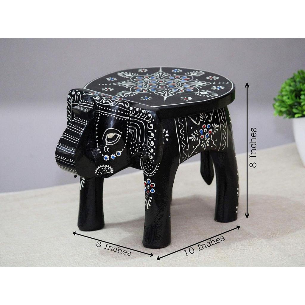 Handcrafted and Emboss Painted Colorful Wooden Elephant Shape Stool Table (8 Inches Height, Black)
