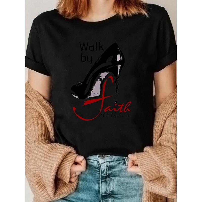 European Size Women'S Casual "Walk by Faith, Not by Sight" Graphic T-Shirt - Short Sleeve, Round Neck, All-Season, Casual Wear Tee Comfortable Fit