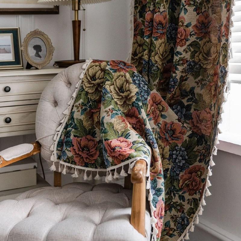 Cotton Linen Oil Painting Jacquard Window Curtains American Country Style Deco Tassel Drapes Living Room Bedroom Balcony Valance