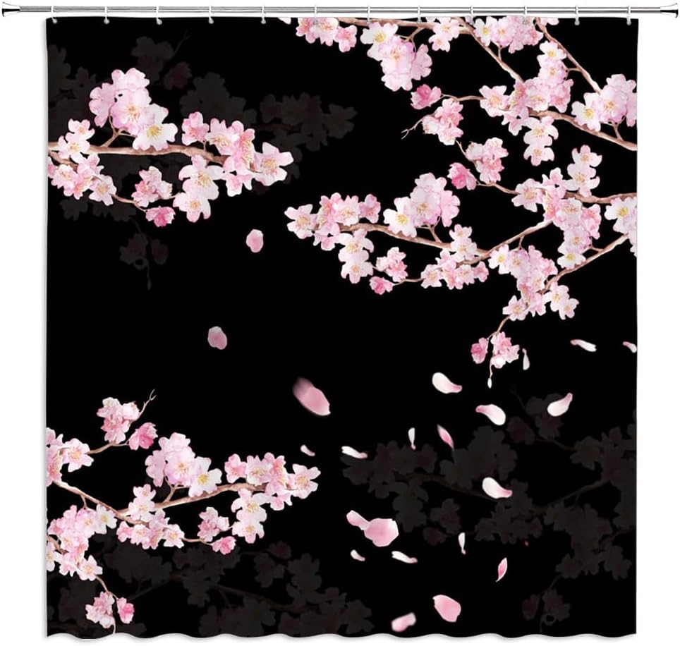 Cherry Blossom Shower Curtain Pink Plum Flower Asian Japanese Aesthetic Black Bathroom Decor Curtains Set With Hooks
