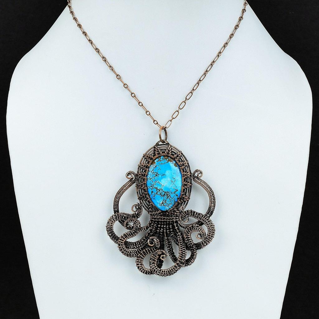 Tibetan Turquoise Pendant Copper Wire Wrapped Octopus Pendant Natural Gemstone Pendant Copper Designer Jewelry Handmade Pendant Gift For Her