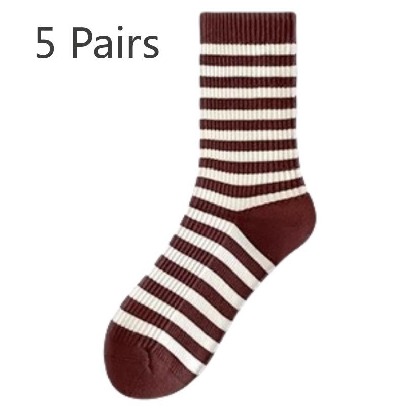 

5 пар женских осенне-зимних новых высоких полосатых носков из чистого хлопка 5 Pairs темный кофе