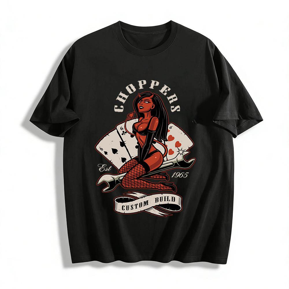 Vintage Chopper Devil Girl Poker Print Tee Pure cotton T-shirt