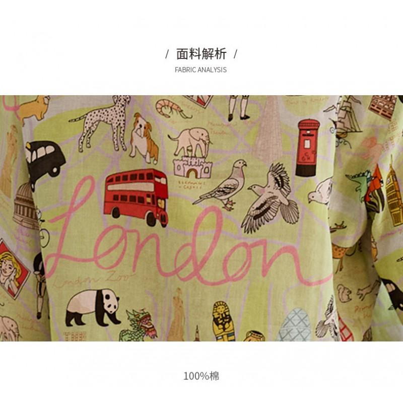 Womens Loose Cotton Gauze Pajama Set With London Landmark Print Long Sleeve Lounge Wear