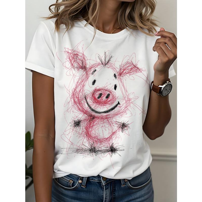 Ladies  hand-painted pink pig T-shirt S