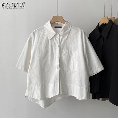Women Turn Down Collar Solid Color Loose Short Sleeve Blouse