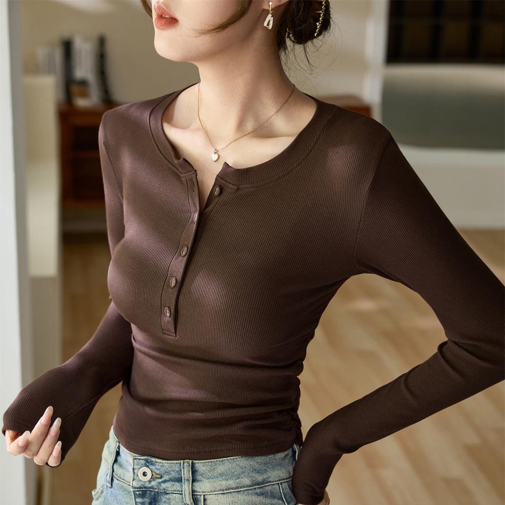 Waist Fold Maillard Chic Bag Fabric Button Long Sleeve T-shirt