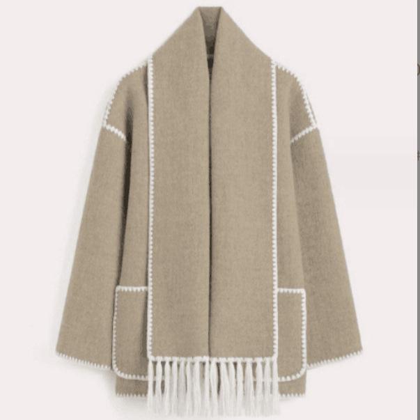 2023 Autumn/Winter Women's European and American Fashion Thick Woolen Coat with Tassel Scarf