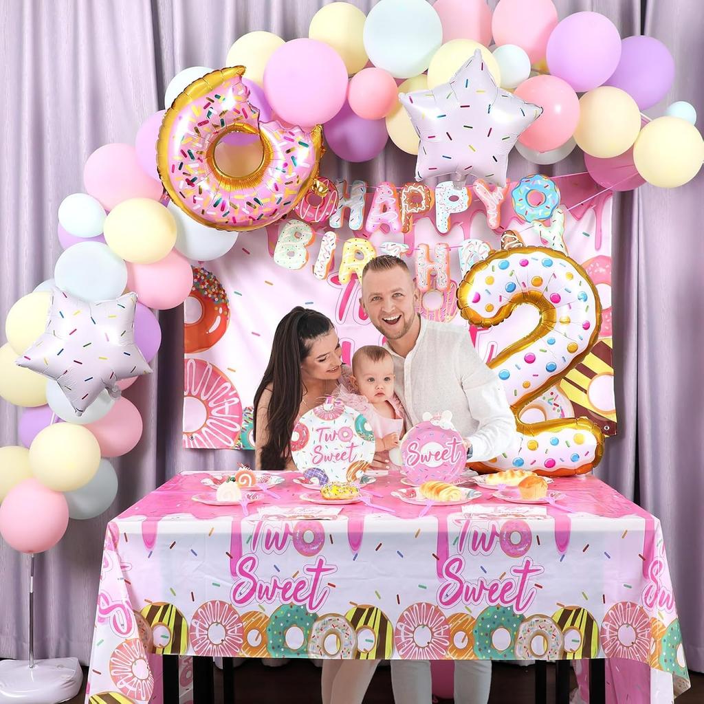 ZOiiWA 143Pcs Two Sweet Birthday Party Decorations Girls Donut Tableware Set Sweet Donut 2nd Party Plates Napkins Backdrop Tablecloth Banner Balloons