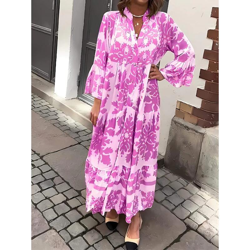 QICED Fashion Summer Spring Long Sleeve V-Neck Casual Dresses