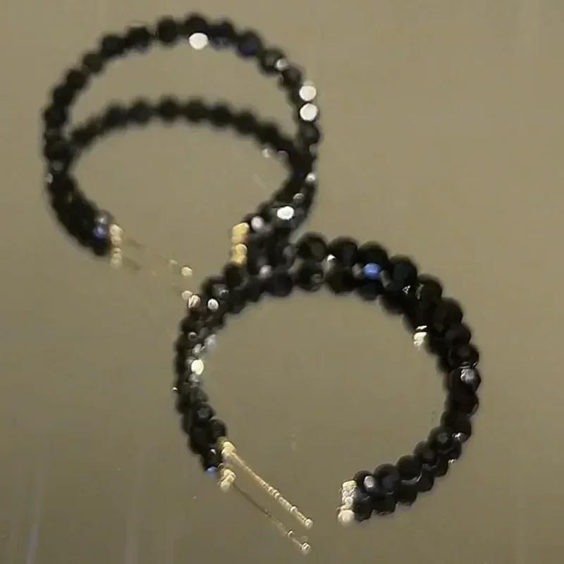 Light luxury C-shape Black Crystal Hoop Earrings Large Circle Geometric Earrings Women Elegant Jewelry Gifts