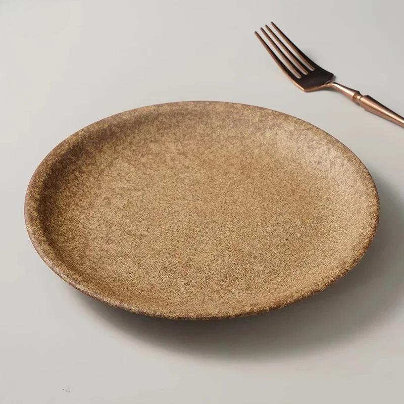 Vintage Mrożony Brązowy Ceramiczny Talerz Restauracyjny Okrągły Talerz na Stek Talerz na Makaron Talerzyki Deserowe Talerzyki na Przekąski Kreatywne Talerze na Sałatkę