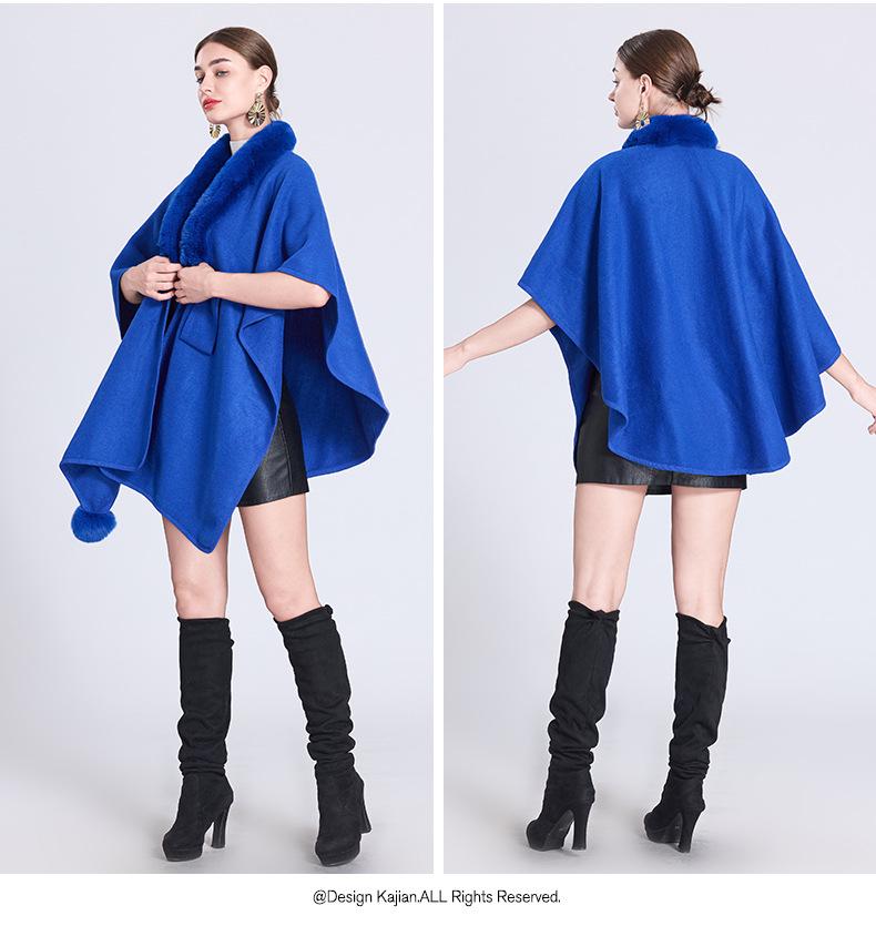 Autumn/Winter Knitted Scarf Shawl Cape with Fur Collar and Pom-Poms (Style 0962#)