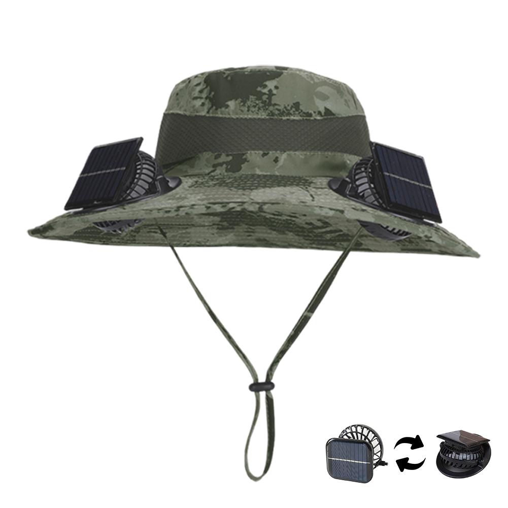 Outdoor Wide Brim Sun Hat with Solar/Charging Fan Outdoor Drawstring Fishing Hat Waterproof for Outdoor Riding Hiking Fishing