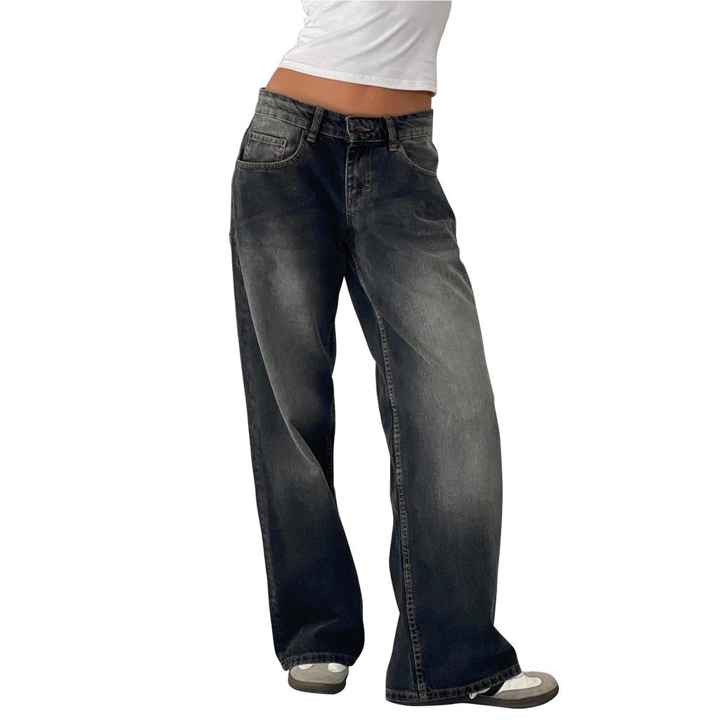 2026 Women's Casual Wide-Leg Non-Stretch Washed Denim Jeans - American Retro Low Waist
