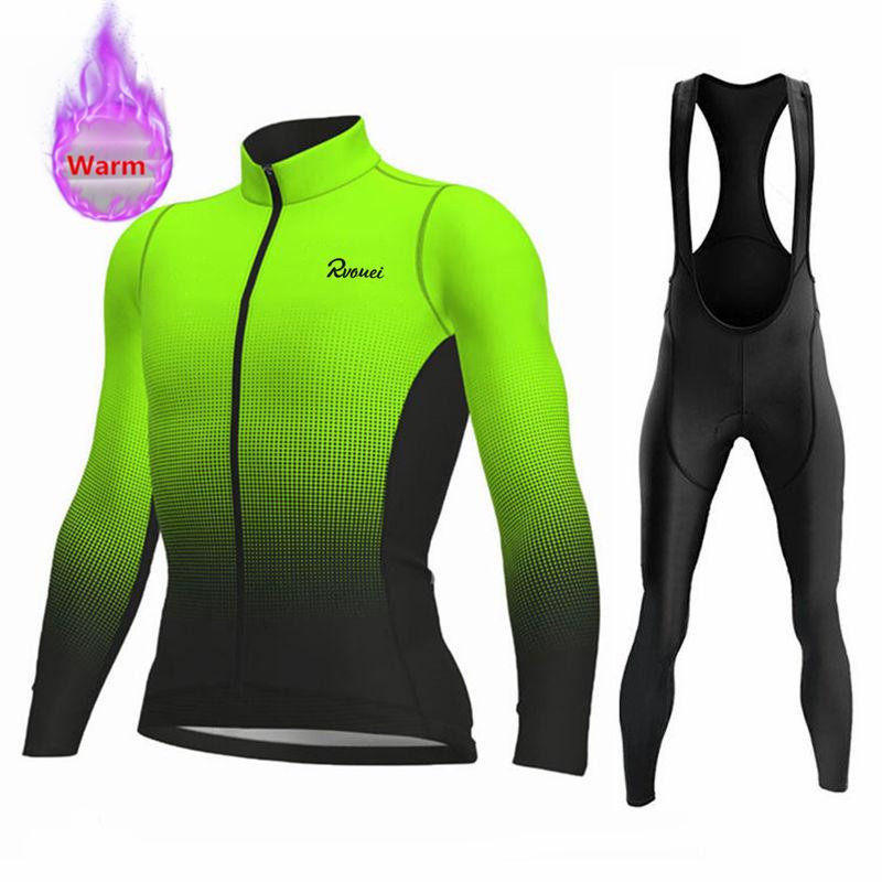 Rvouei Winter Lange Mouw Thermisch Fleece Fietsjersey Set Koersbroek Ropa Ciclismo Fietskleding MTB Fietsjersey Uniform