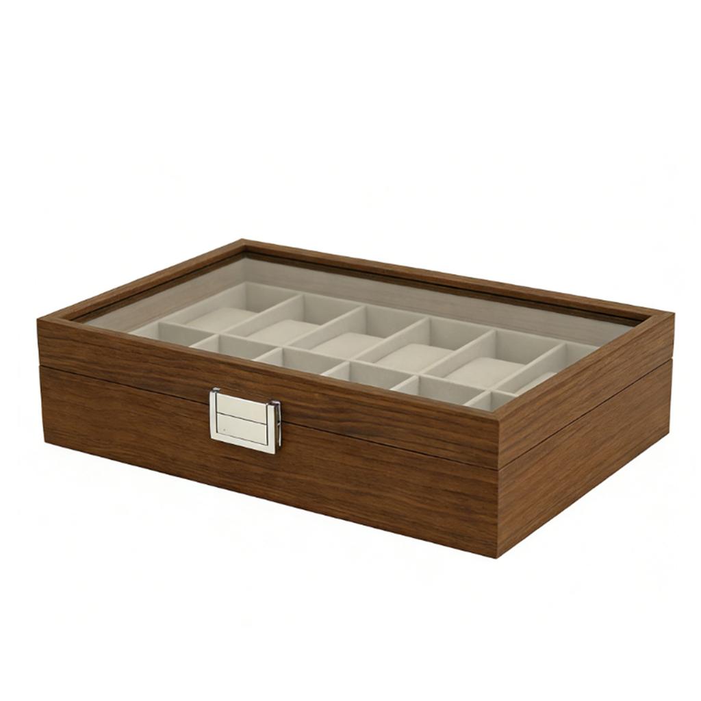 Watch Box Display Case with Glass Lid Dust Proof Watch Holder Organizer for Most Styles Walnut Grain 12 Slot
