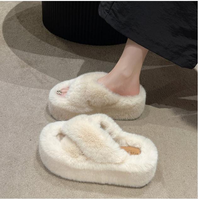 Fashion Woman Furry Ladies Faux Fur Luxury Fluffy Plush Slipper House Fuzzy Girl Platform 7CM Indoor Sandals Winter High-heeled Shoes