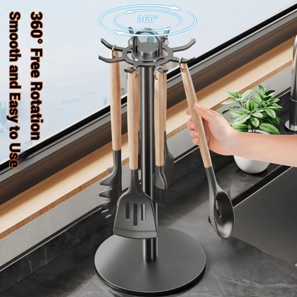 1pc Kitchen Rotating Spatula Rack Home Eight Hooks Kitchenware Holder Movable Cooking Utensils Storage Rack Kitchen Organizer