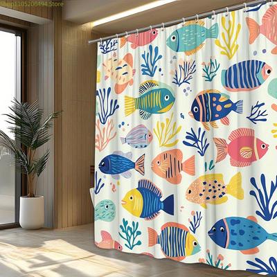 1pc Vibrant Underwater Fish and Coral Shower Curtain - Polyester Fabric, Colorful Ocean Design with 12 Hooks, Machine Washable