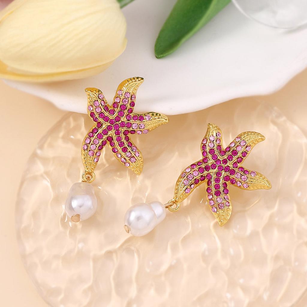 Fashion Ocean Wind Diamond Trend Colorful Starfish Ears, Imitation Pearl Pendant Beach Resort Wind Earrings