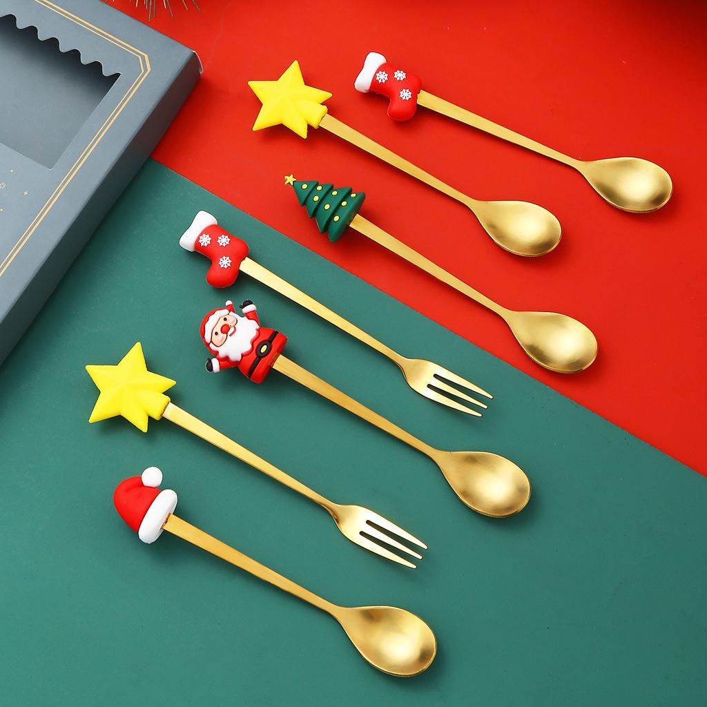 4pcs Christmas Spoon Fork Set Christmas Gifts Santa Xmas Elk Fruit Fork Coffee Spoon Cutlery Set Xmas New Year Tableware Decor