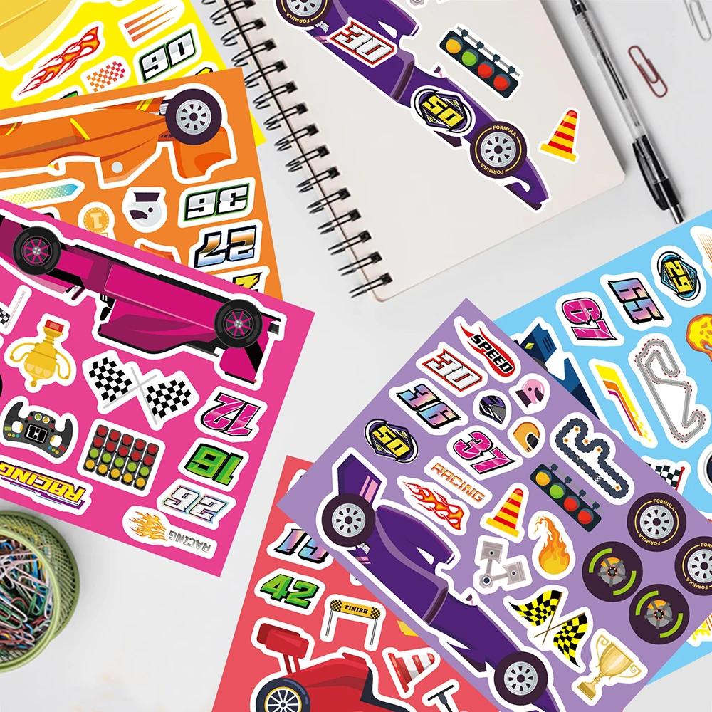6/12Sheets Cool Race Car Make a Face Puzzle Stickers Cartoon Decal Kids Funny Jigsaw Educational Toys Party DIY Games Boys Gifts