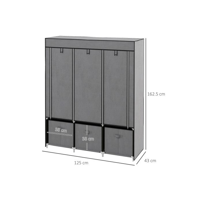 Fabric Wardrobe - HOMCOM - Foldable - 125x43x162.5 Cm - 3 Drawers - Dark Grey