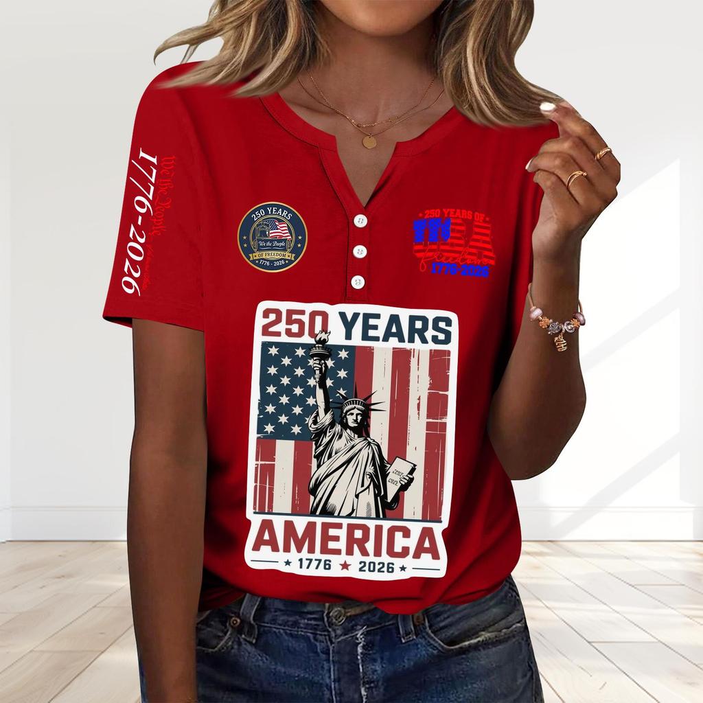 Women's Fashion Casual 250th Anniversary Independence Day Print V-Neck Short Sleeve Decorated Button-Up T-Shirt