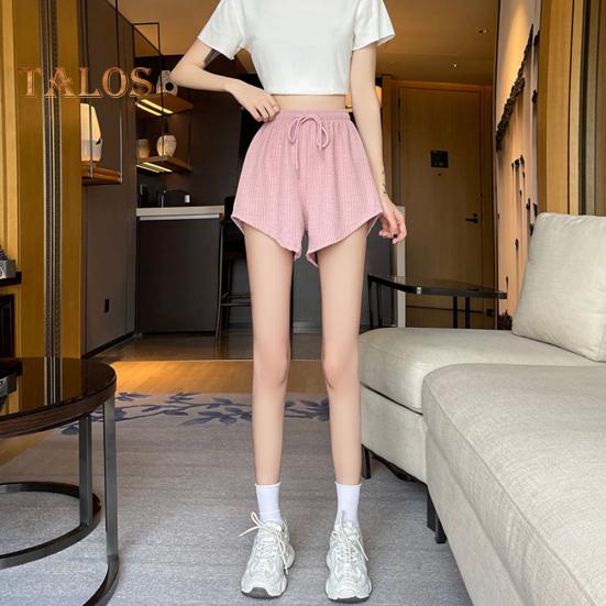 Summer Women Shorts Drawstring High Elastic Waist Loose Irrgular Hem Plus Size Pocketed Pure Color A-line Thin Casual Sport Homewear Short Pants