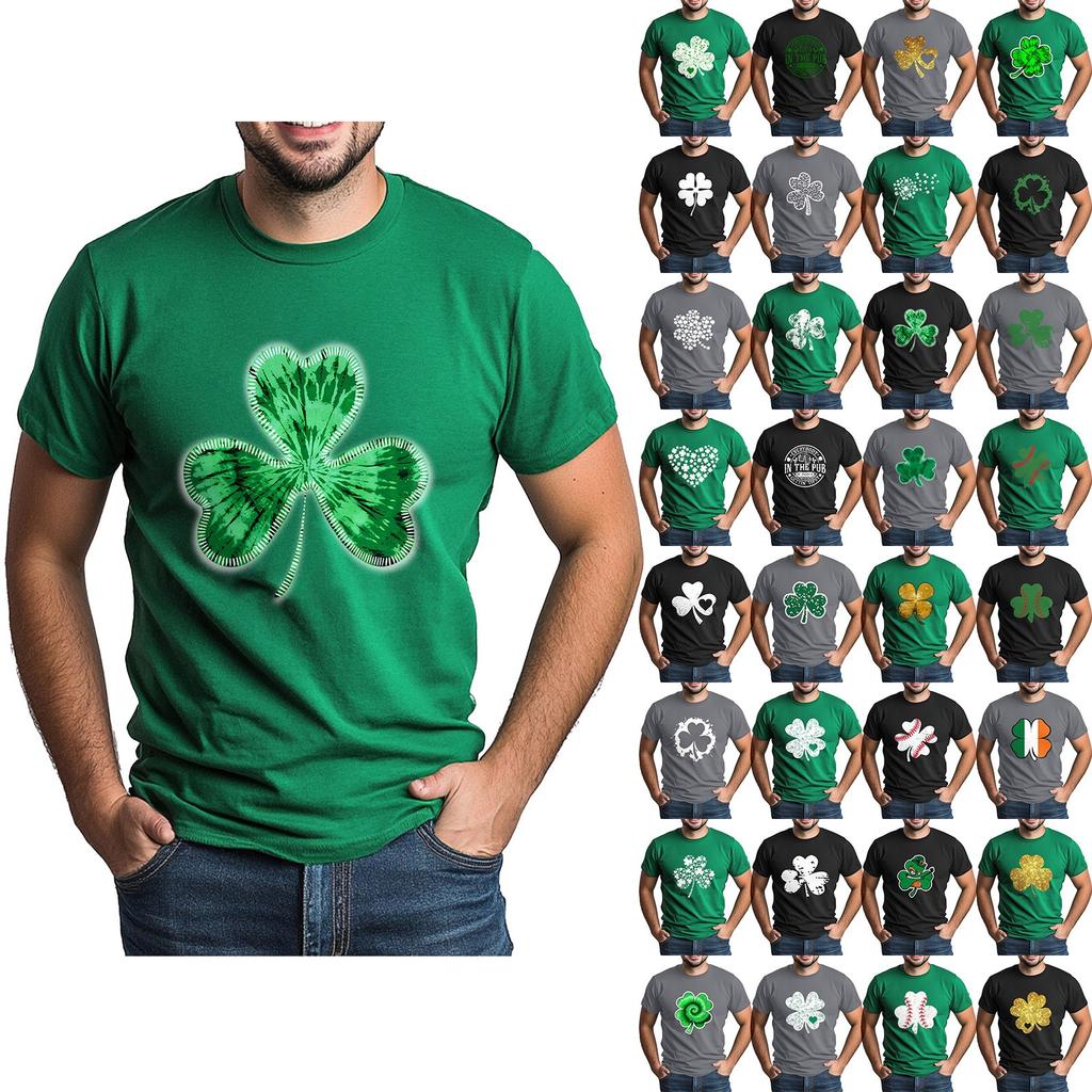 St. Patrick's Adult Green Crew-neck Short-sleeved Printed Green Three-leaf T-shirt