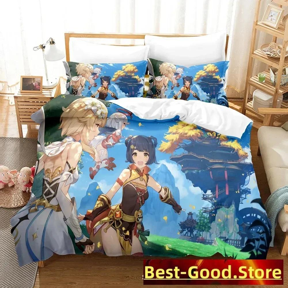 Genshin Impact Bedding Set Purple Keqing Printed Bed Set With Pillowcase Duvet Cover Soft Single Double Queen Super King Size