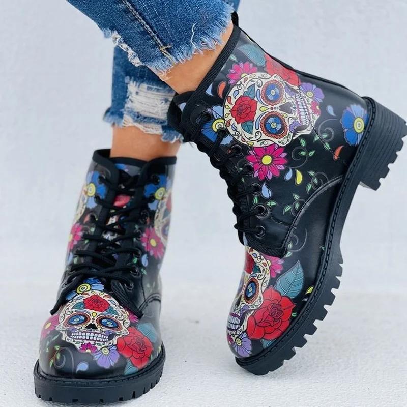 Digital Print Autumn Lady High Top Skull Pattern Boot  British PU Women's Fashion Tooling Boots Outfdoor Woman Ankle Booties