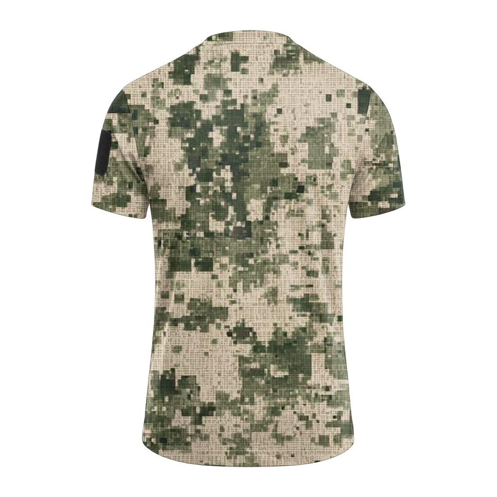 Men Tactical Crew Neck Short Sleeve Camouflage Print Loose Fit Breathable Outdoor Quick Dry T Shirt with Hook and Loop Patch Panel