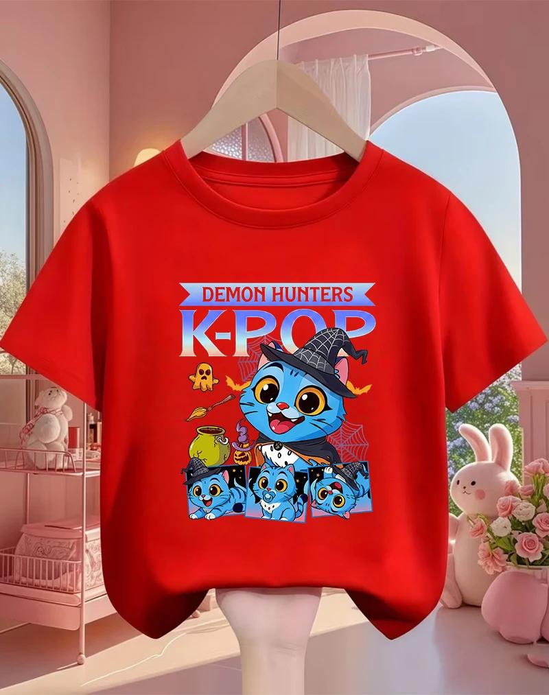 Lovely Cute Kpop Demon Hunters Pattern Kids T Shirt Soft Lightweight Short Sleeve Daily School Casual Round Neck Apparel