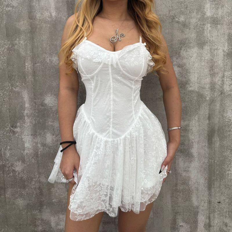 

Fashion Style Autumn New Arrival Spaghetti-Strap Ruffle Lace Short Skirt Fashion Lace up Slim Fit Sexy Pure Desire Dress White S