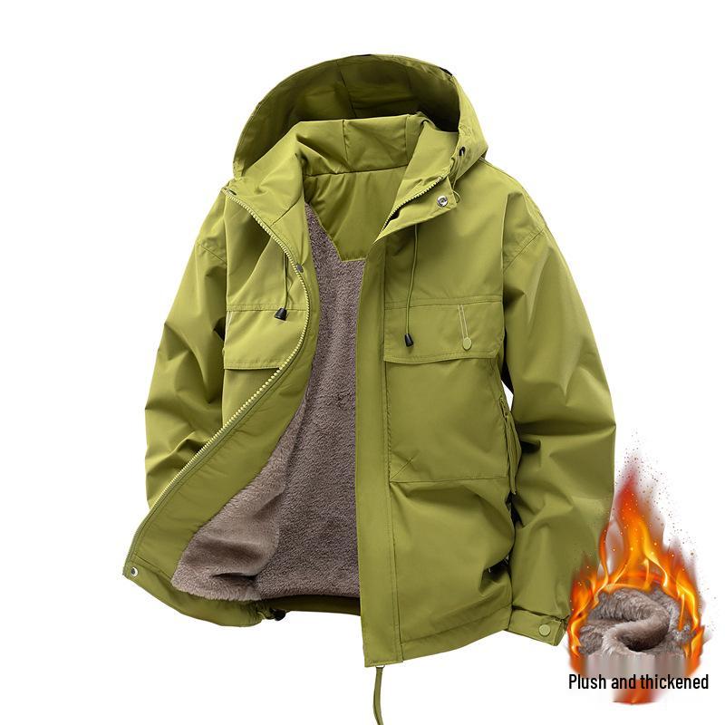 High-Quality Men's Hooded Workwear Jacket - Unisex Solid Color, Plus Velvet for Autumn & Winter