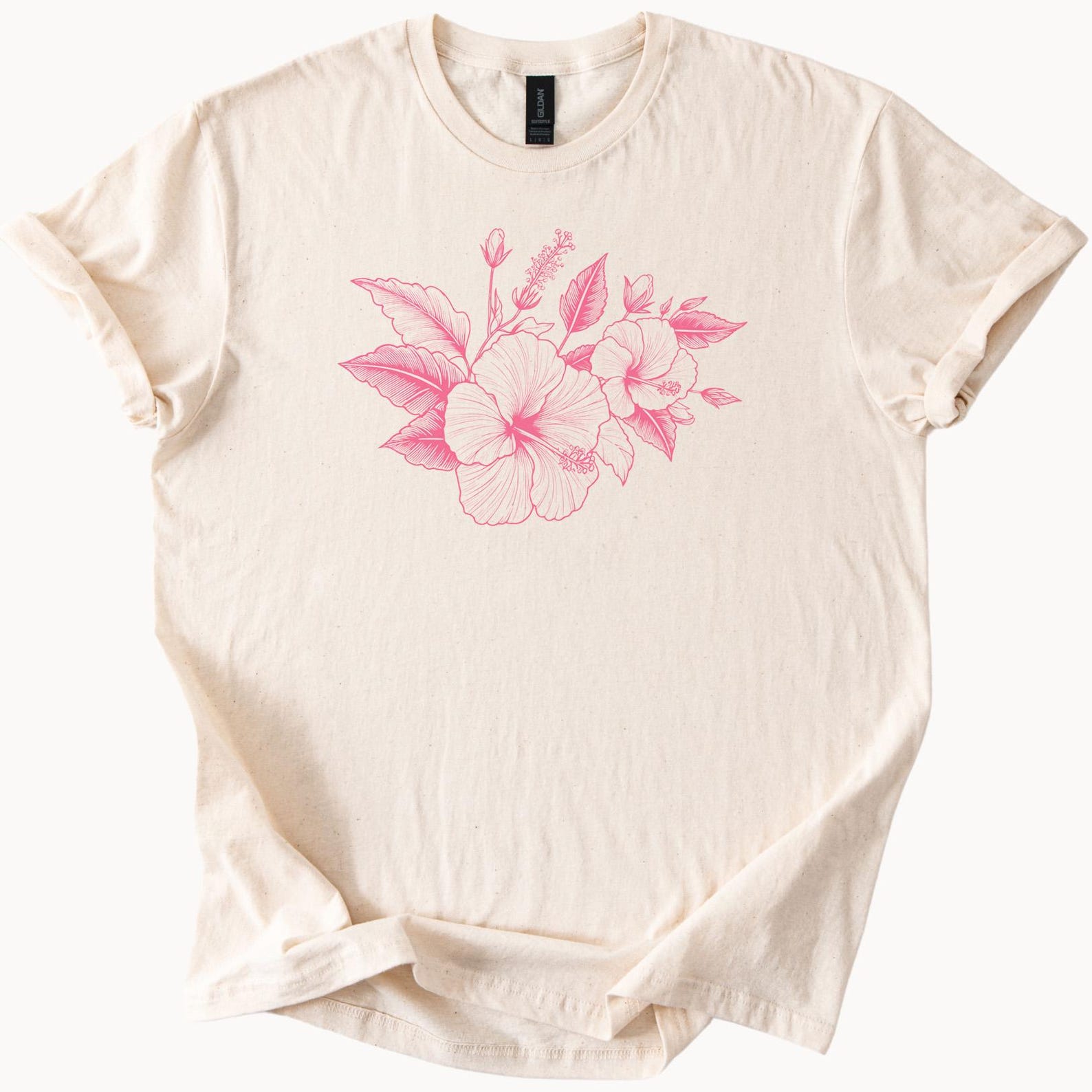 Pink Hibiscus Flower Graphic Tee Floral T Shirt Botanical Design Tee Tropical Blossom Shirt Gift for Her 140