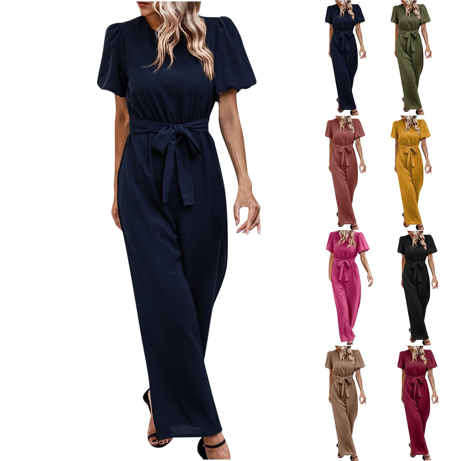 

Женский весенне-летний однотонный комбинезон с уздечкой для отдыха с короткими рукавами и круглым вырезом