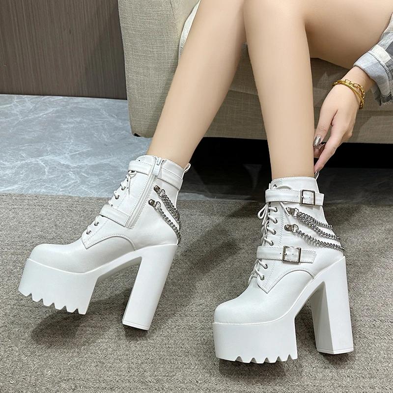 Modă 14CM Femei Cizme de Gleznă cu Toc Platformă Fermoar Punk Botine Motociclist Toc Înalt Gros Bloc Vârf Rotund Cizme de Modă