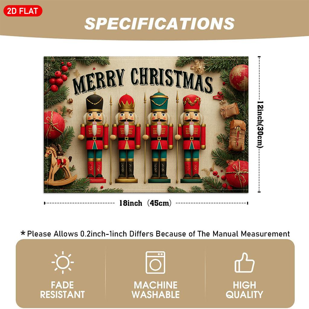 4/6pcs Christmas Theme Placemats, Nutcracker Soldier with "MERRY CHRISTMAS" Pattern, Featuring Pine Branches, Red Berries, Christmas Balls, and Gift B