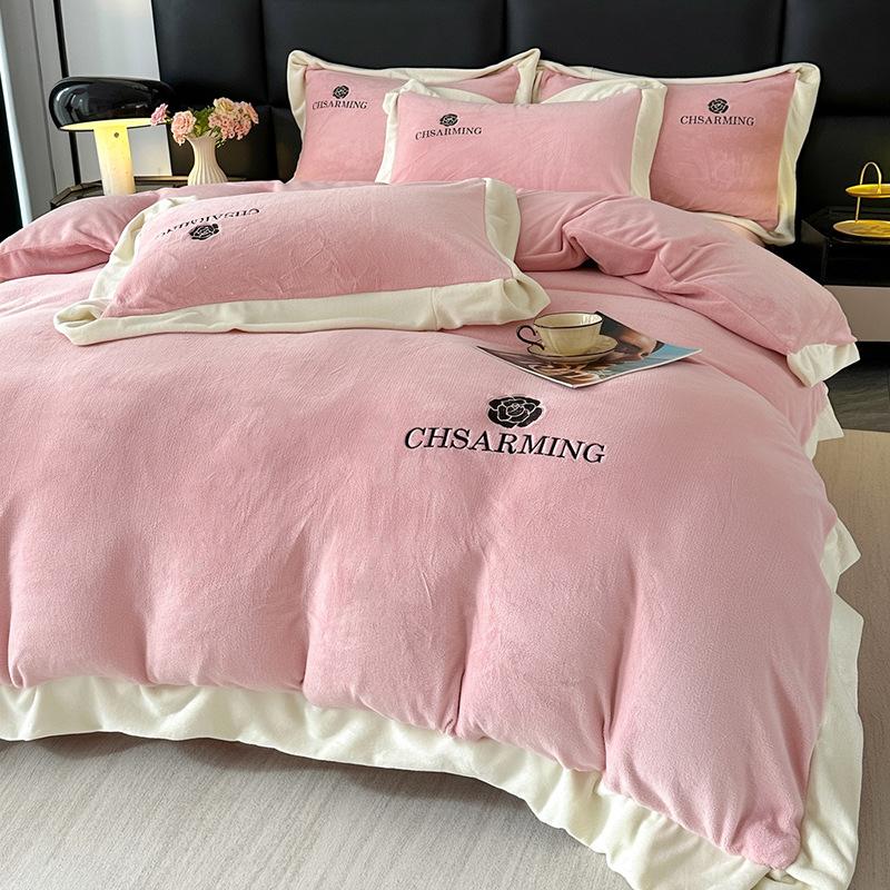 

Thickened Milk Fleece Embroidery Fleece Warm Four-Piece Set Light Luxury Quilt Cover Bedding 1.2m Sheet 3pc