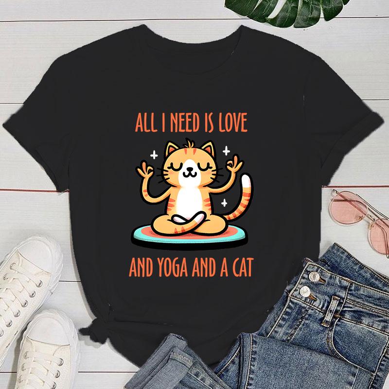 

Yogo T Shirt All I Need Is Love And Yoga And A Cat Print Short Sleeve T Shirts Women T Shirts Summer Short Sleeved Male T-Shirts XXXXXL чорний